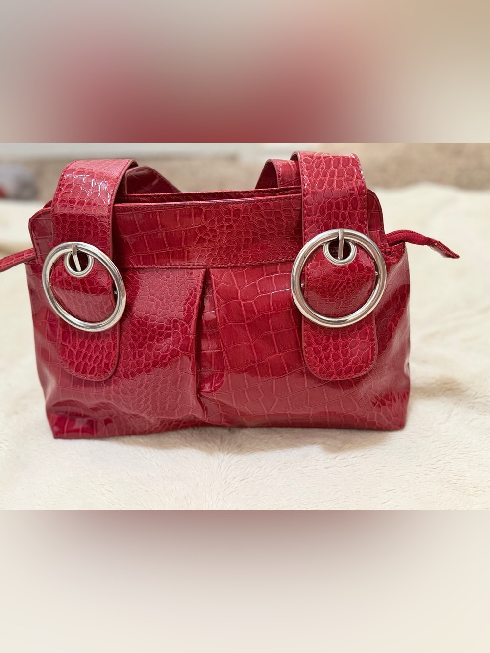 Red Croc-Embossed Shoulder Bag with Silver Ring Hardware
